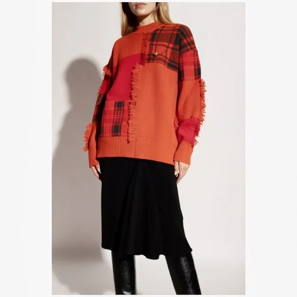 VERSACE Red Fringe Patchwork Wool Sweater With Saferty Pin Embellishment Size XS